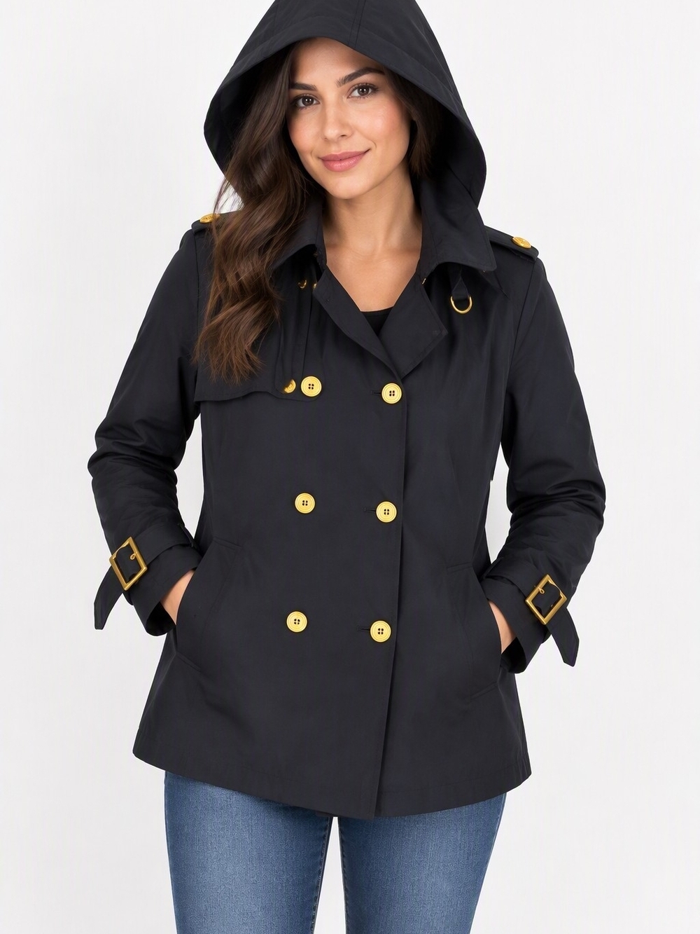 London Fog Rain Jacket Womens XL Navy Blue Gold Water Resistant Cotton Blend